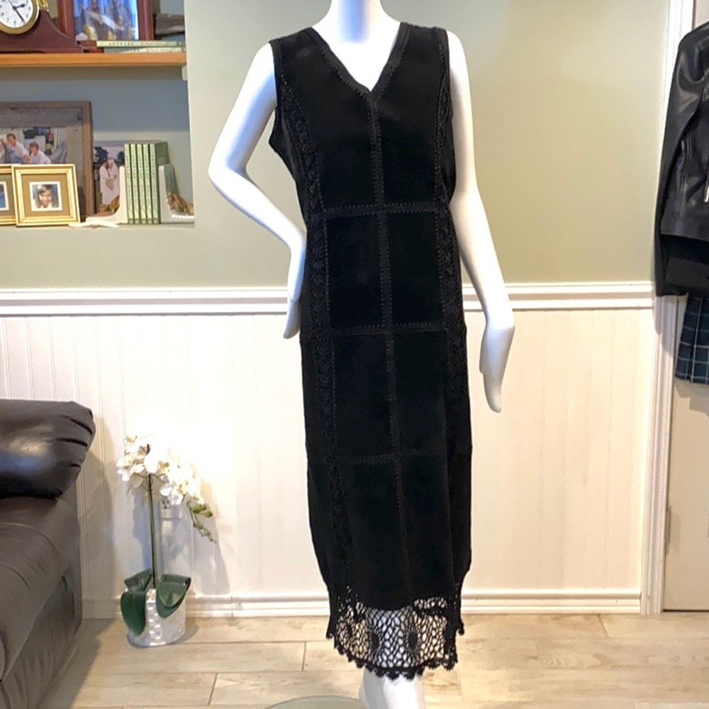 S. M. H. Black Leather/Suede & Lace Long Sleeveless Shift Dress, V Neck